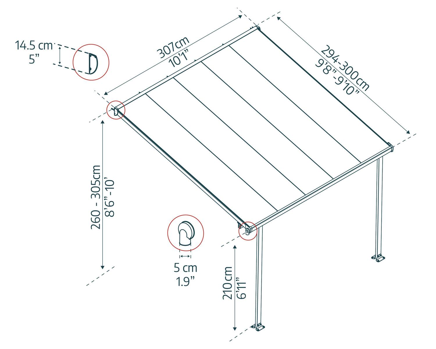 Feria 10 ft. x 10 ft. Aluminium Patio Cover with 2 Posts and Polycarbonate Roof Panels sketch