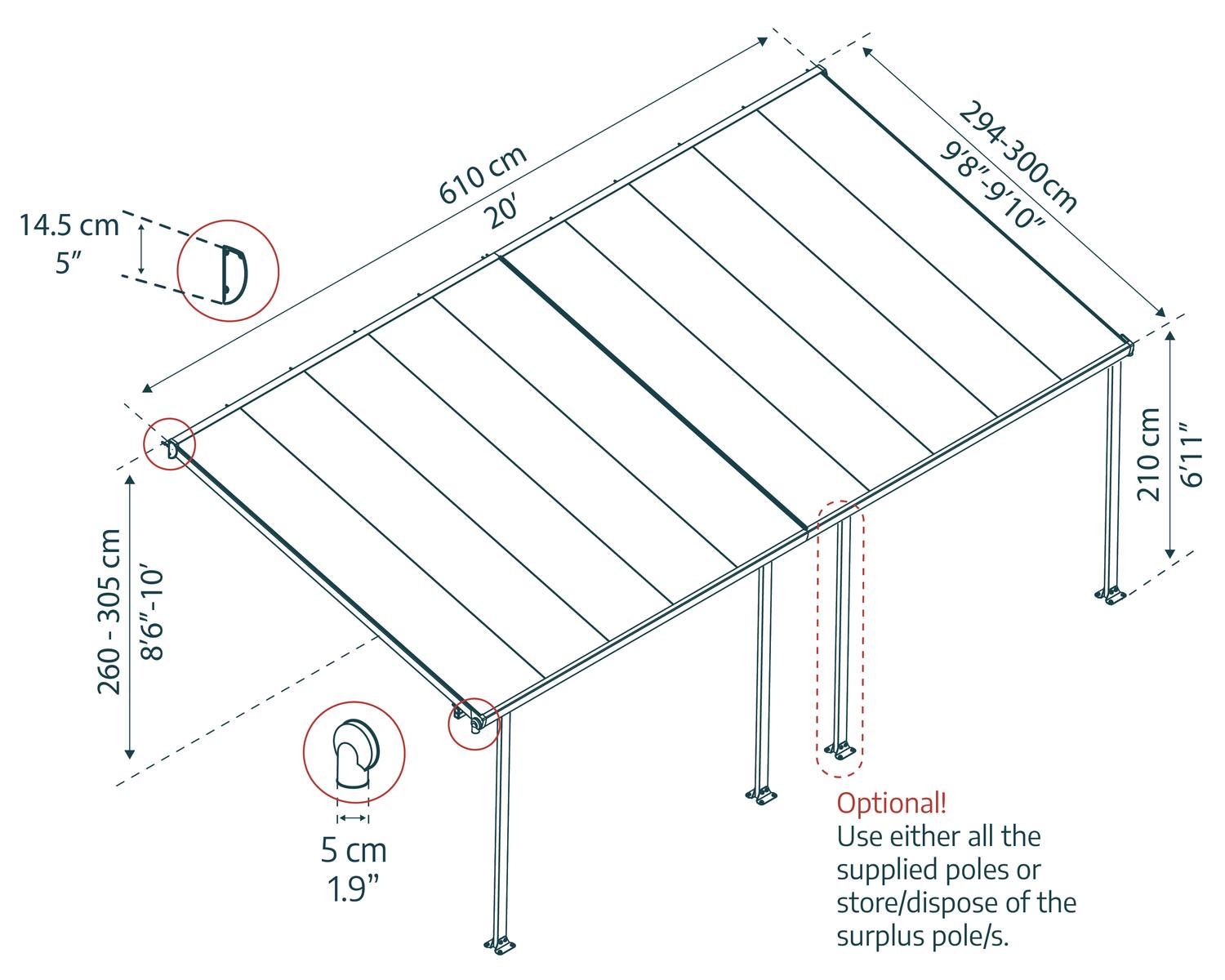Aluminium Patio Cover 10 ft. x 20 ft. with polycarbonate roof panels sketch