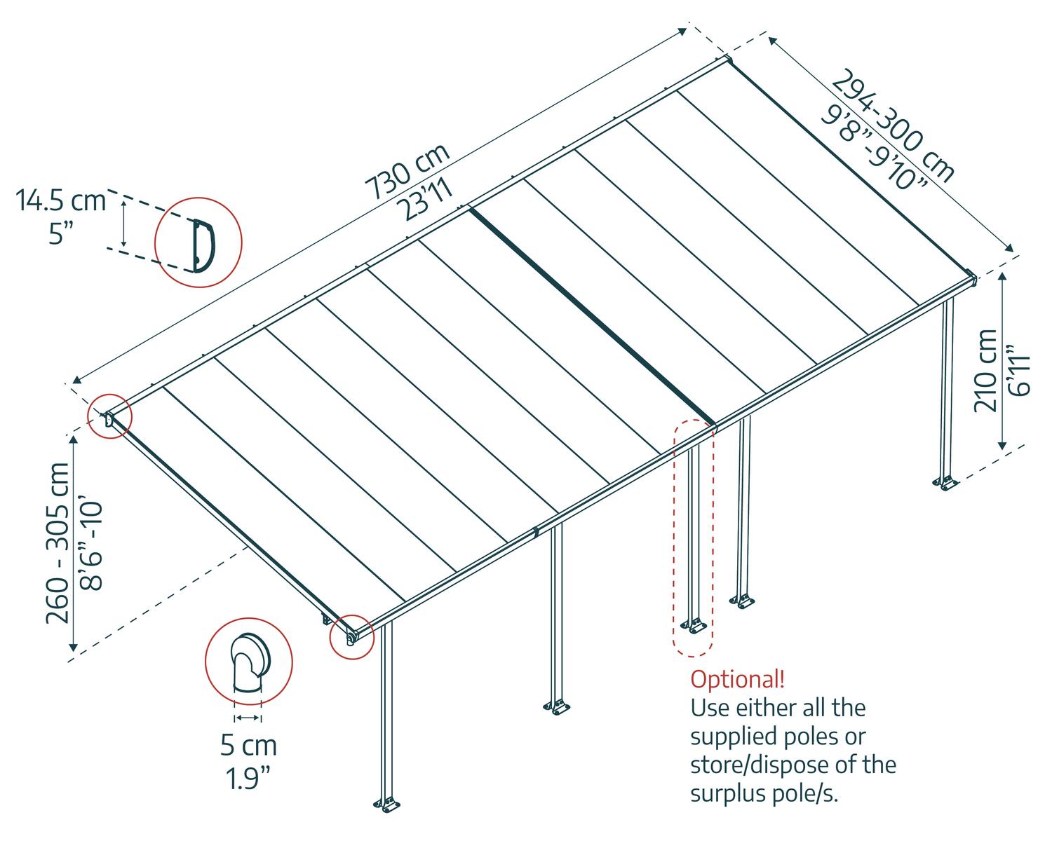 Feria 10 ft. x 24 ft. Aluminium Patio Cover With 5 Posts, Twin-Wall sketch