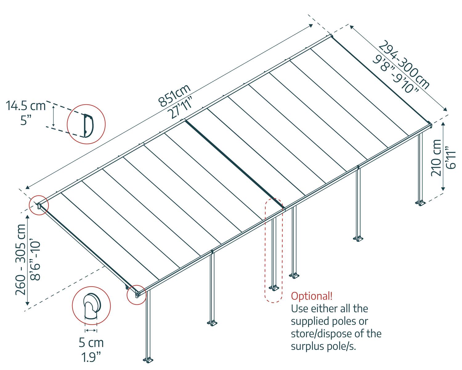 Feria Aluminium Patio Cover 10 ft. x 28 ft. With Polycarbonate Roof Panels sketch