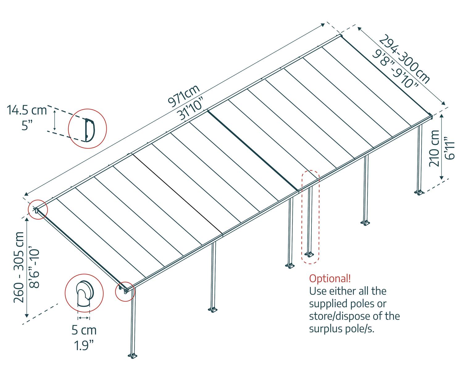 Aluminium Patio Cover 10 ft. x 32 ft. with polycarbonate roof panels, attached to the patio sketch