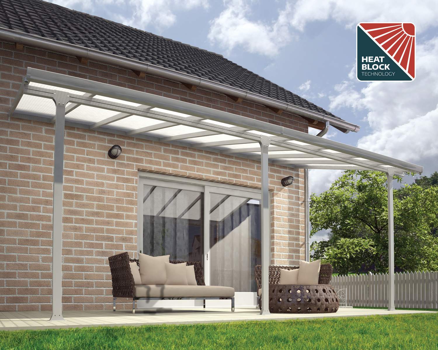 Aluminium Patio Cover 10 ft. x 14 ft. Attached to House Next to Pool Patio with Side Walls and Polycarbonate Roof Panels. Covers Patio Outdoor Furniture