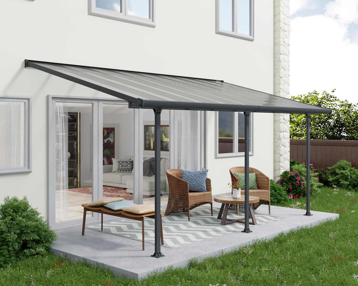 Feria Patio Cover Grey 10 ft. x 18 ft. with polycarbonate roof panels, attached to Coffee Shop to protect customers from the weather