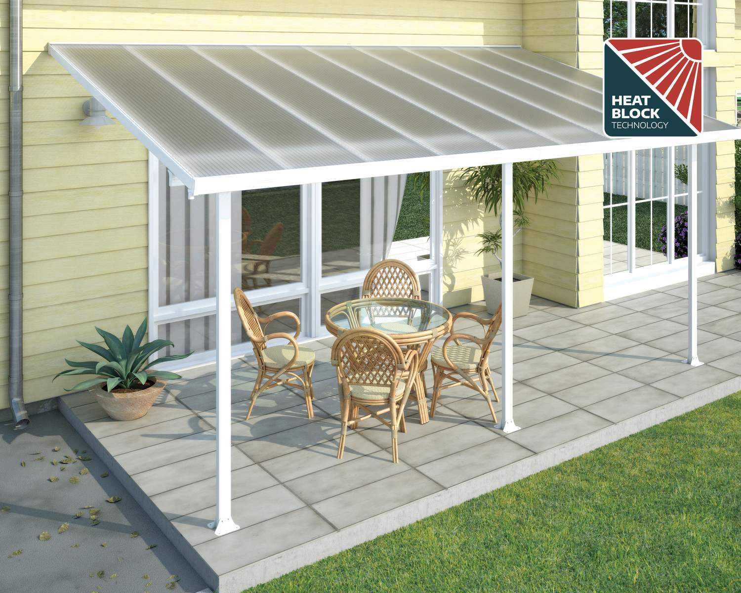 Feria Patio Cover 10 ft. x 18 ft. with polycarbonate roof panels, attached to Coffee Shop to protect customers from the weather