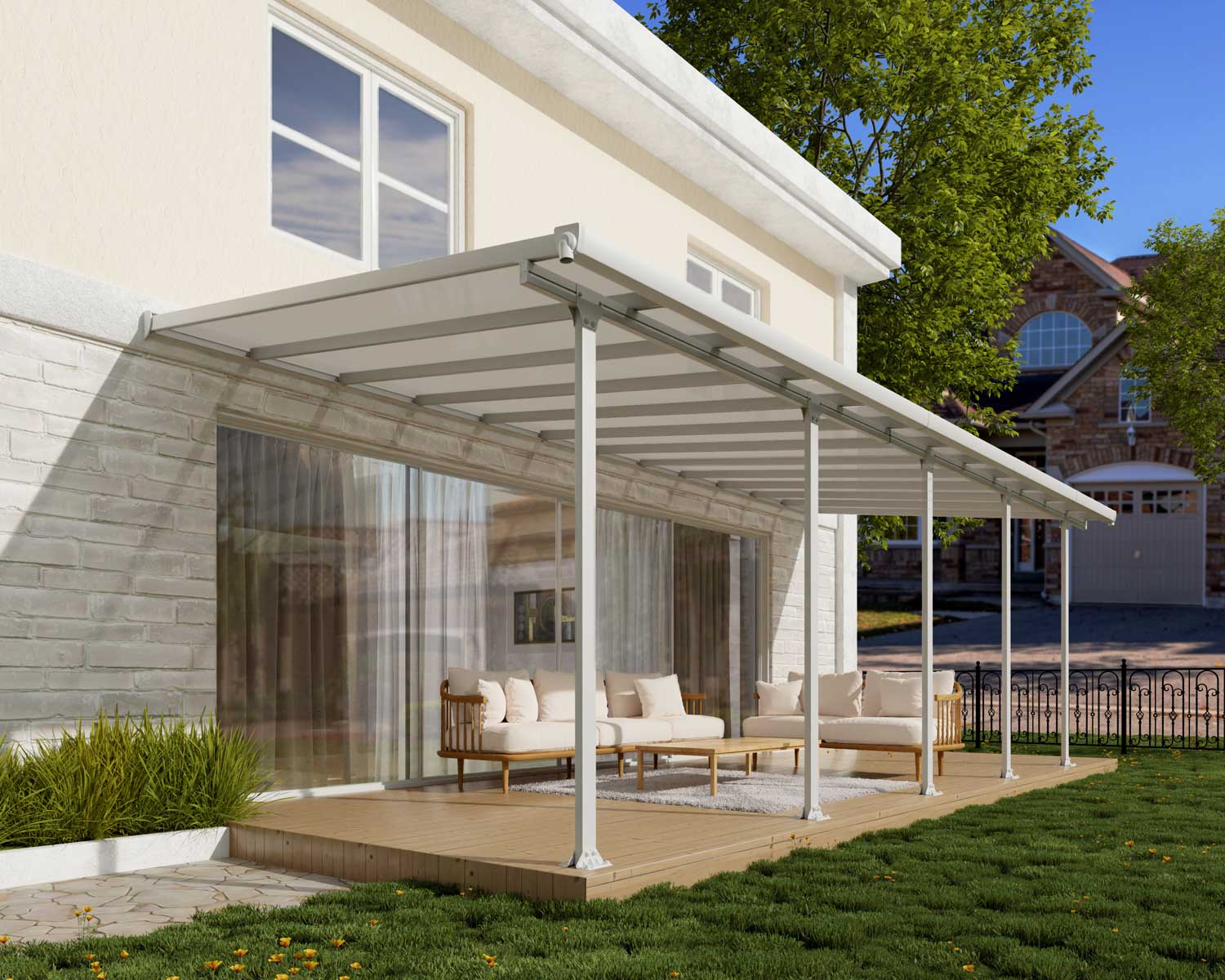 Feria 10 ft. x 24 ft. White Aluminium Patio Cover With 5 Posts, White Twin-Wall Polycarbonate Roof Panels on deck