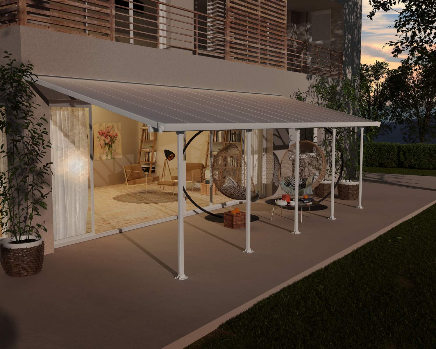 Feria 10 ft. x 28 ft. White Aluminium Patio Cover With 6 Posts, Clear Twin-Wall Polycarbonate Roof Panels in the garden