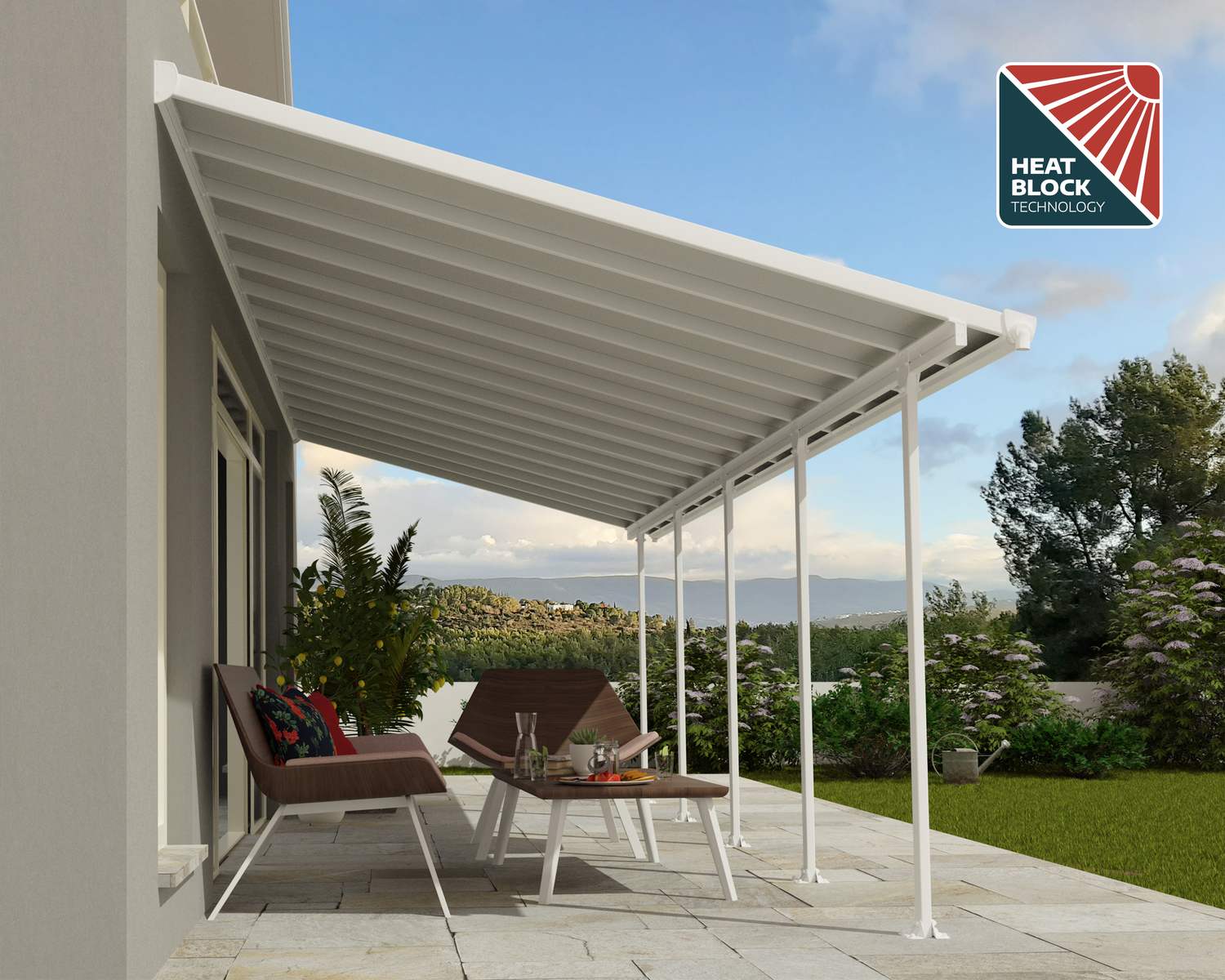 Feria Aluminium White Patio Cover 10 ft. x 28 ft. With Polycarbonate Roof Panels, Used to Cover Outdoor Furniture