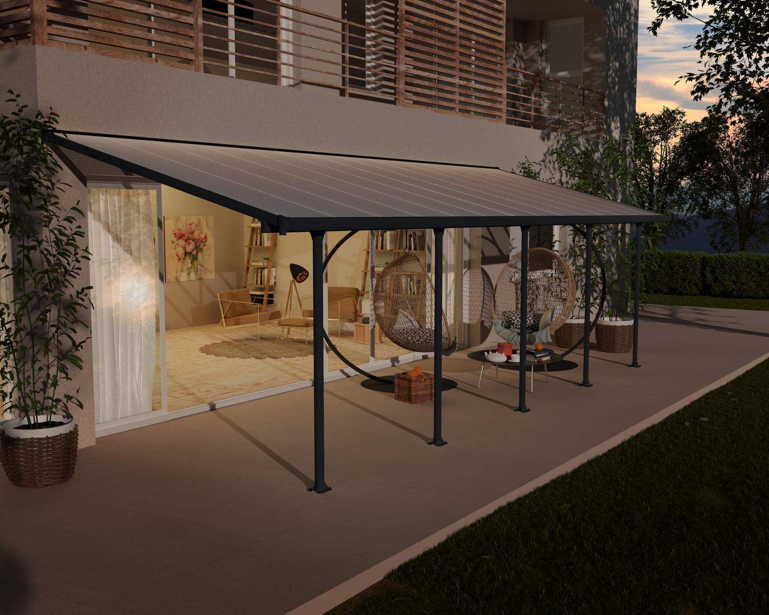 Feria 10 ft. x 28 ft. Grey Aluminium Patio Cover With 6 Posts, Clear Twin-Wall Polycarbonate Roof Panels in the garden