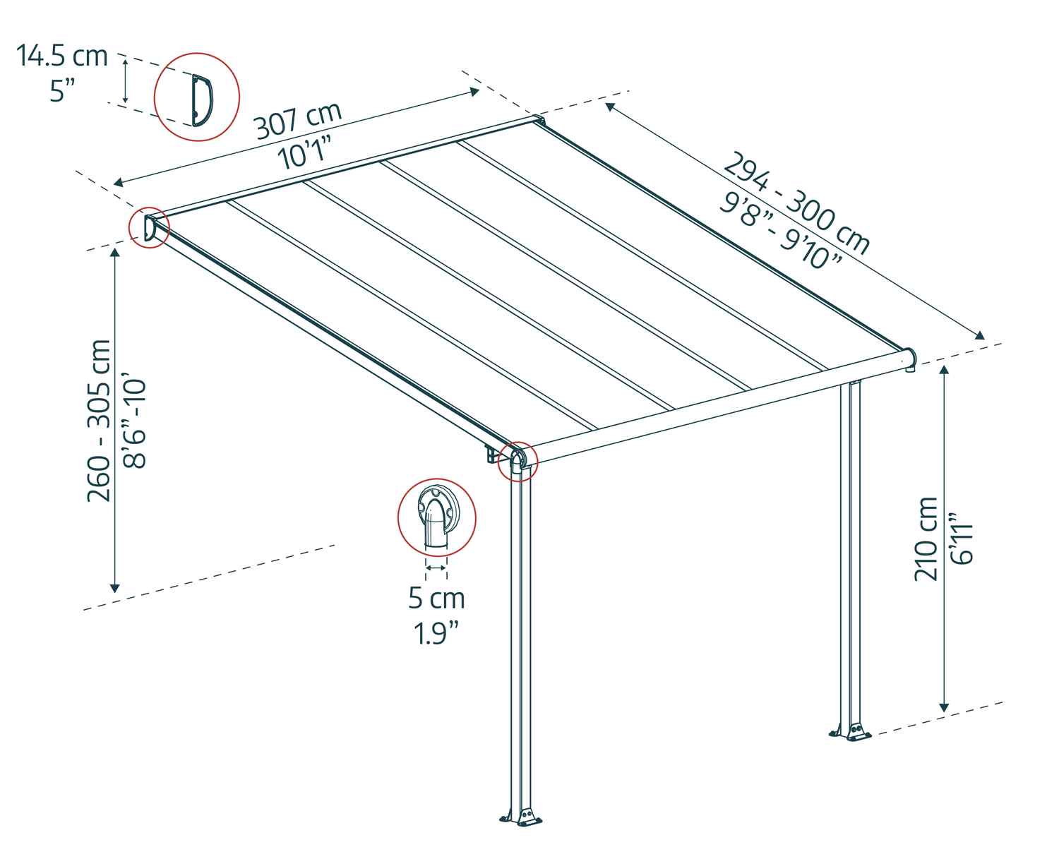 Olympia 10 ft. x 10 ft. Aluminium Patio Cover With Bronze-tinted twin-wall polycarbonate roof panels sketch