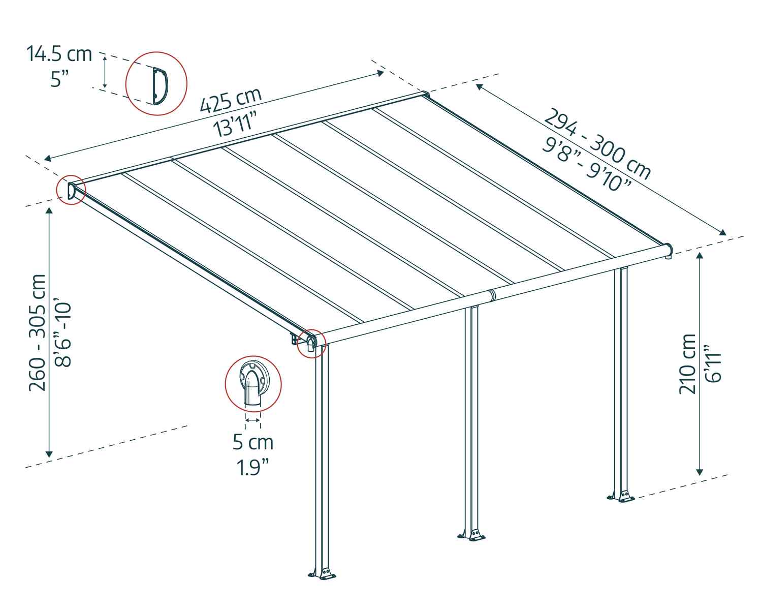 Olympia 10 ft. x 14 ft. Aluminium Patio Cover with twin-wall polycarbonate roof sketch
