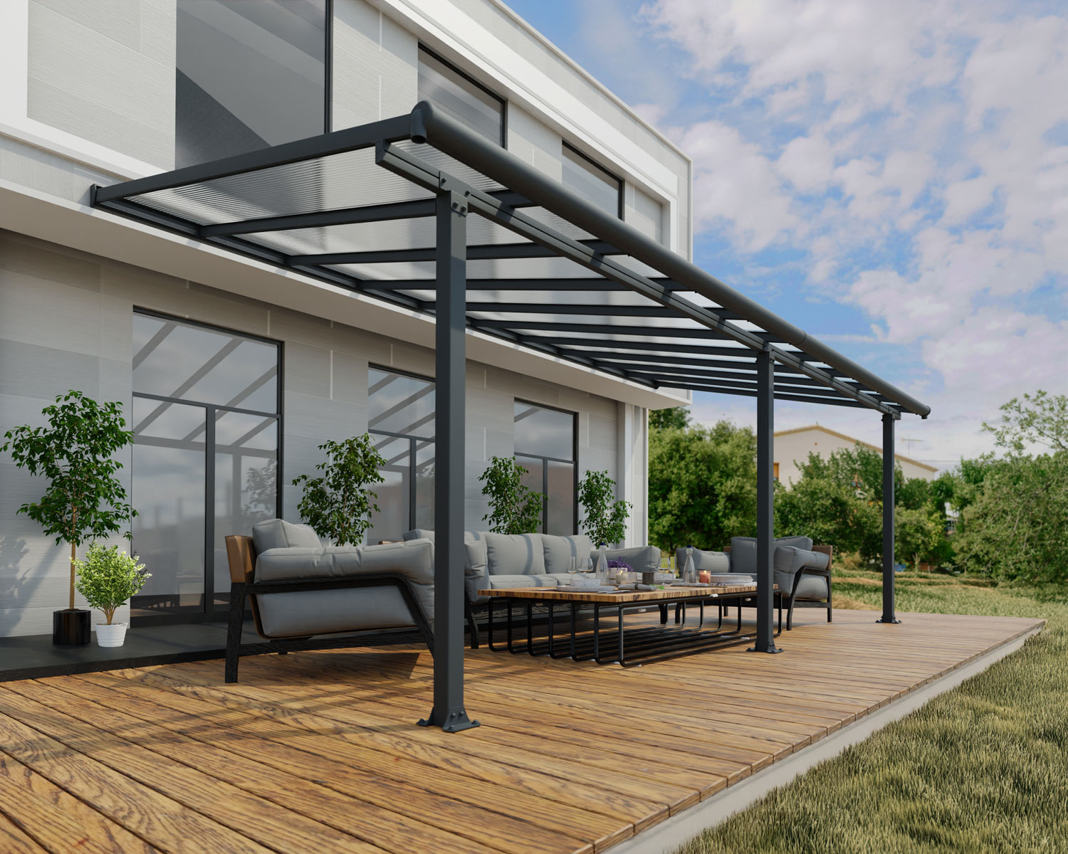 Olympia 10 ft. x 20 ft. Grey Aluminium Patio Cover with Clear-tinted twin-wall polycarbonate roof panels protect garden furniture