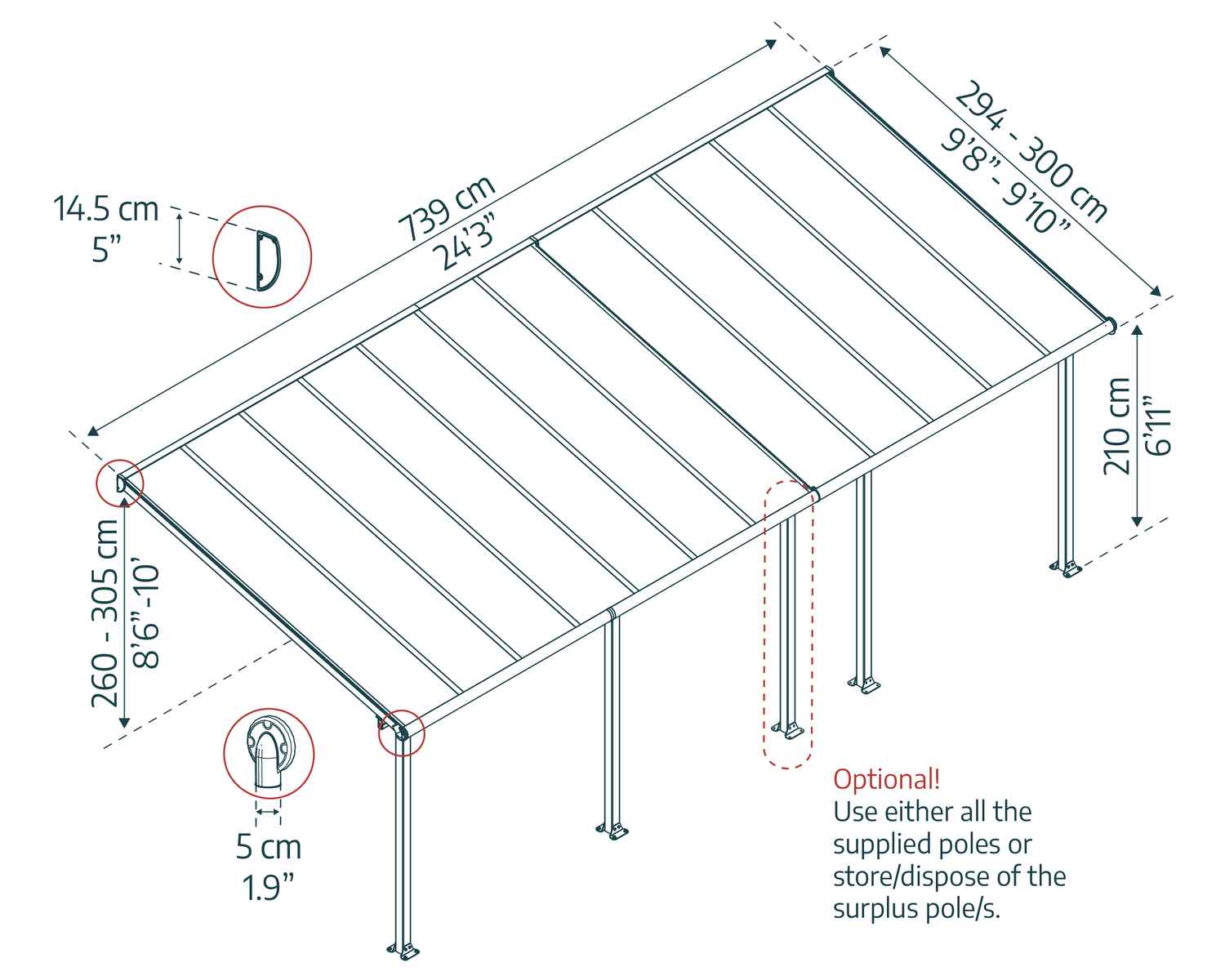 olympia 10 ft. x 24 ft. Aluminium Patio Cover with 4 Posts sketch
