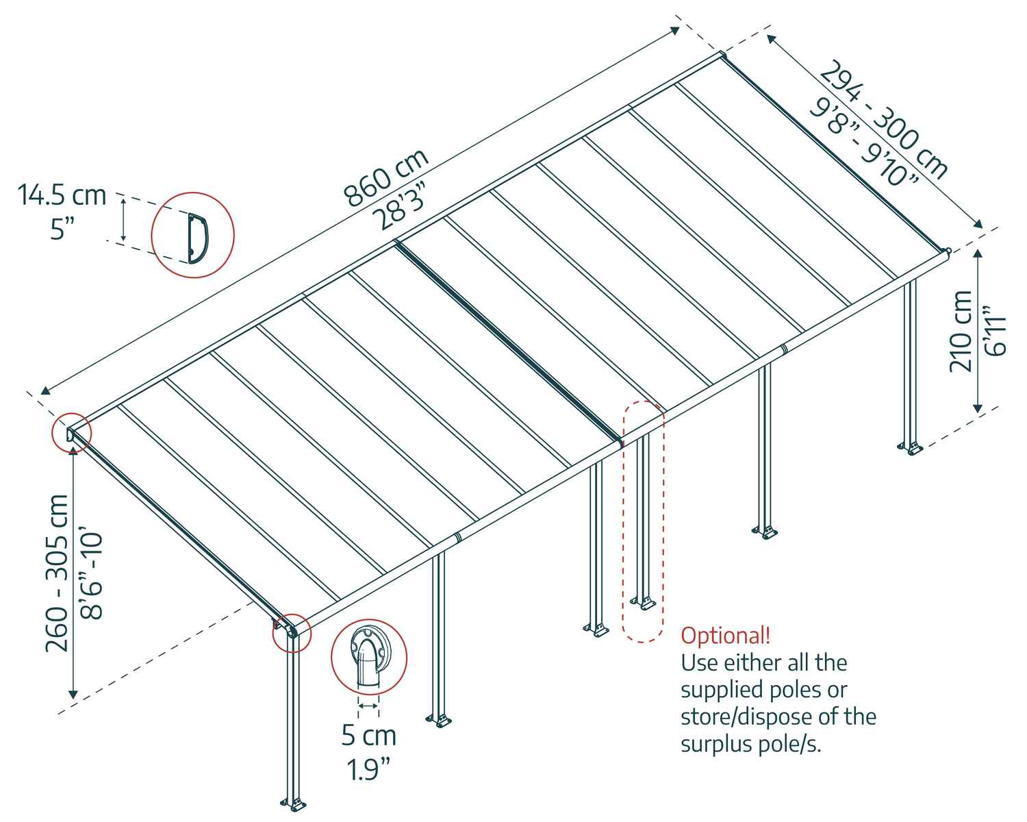 Olympia 10 ft. x 28 ft. Aluminium Patio Cover with twin-wall polycarbonate roof panels sketch