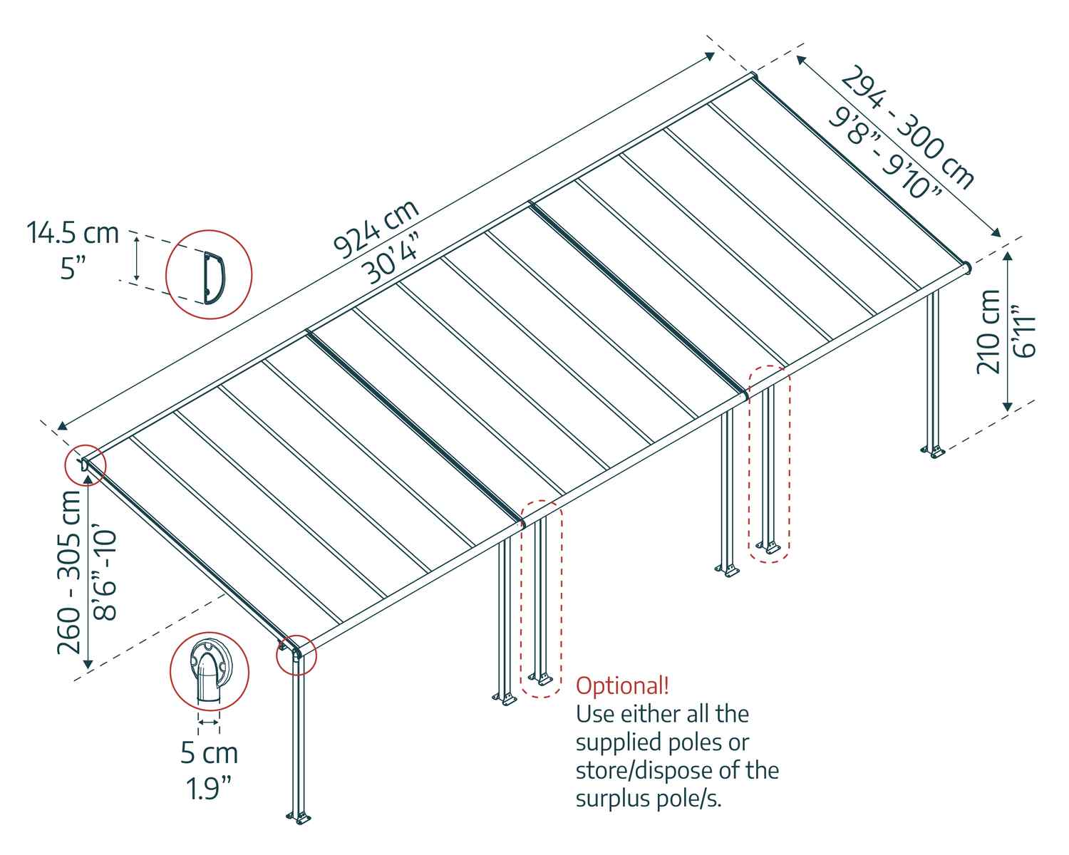 Olympia 10 ft. x 30 ft. Aluminium Patio Cover With twin-wall polycarbonate roof panels sketch