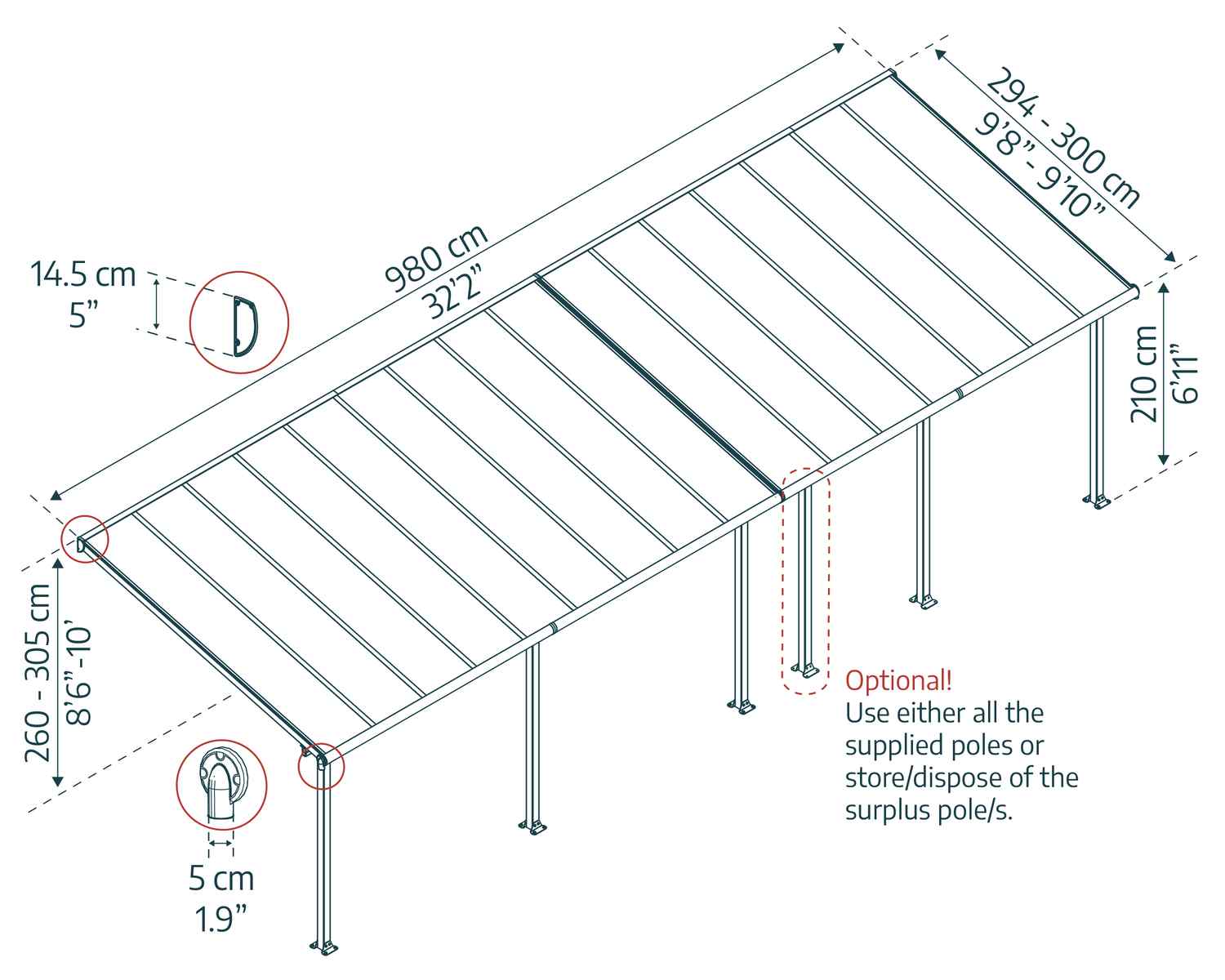 Olympia 10 ft. x 10 ft. Aluminium Patio Cover with 2 Posts and Polycarbonate Roof Panels sketch