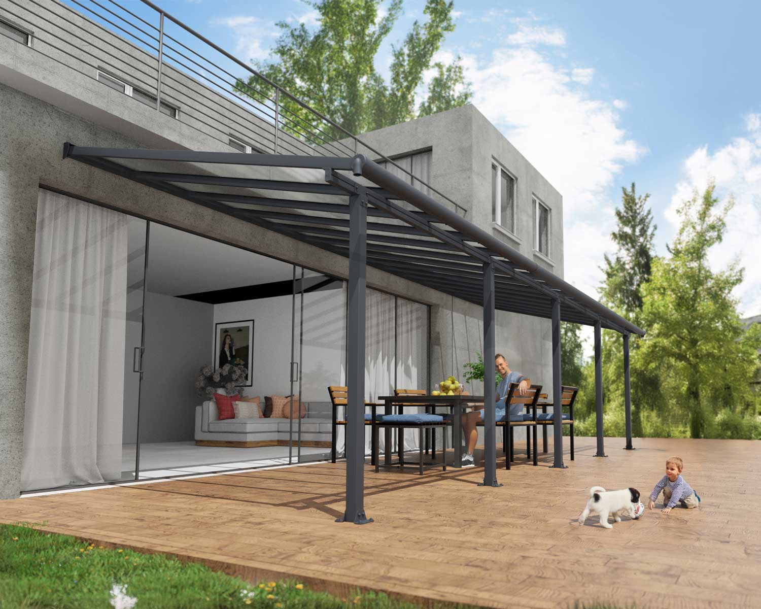 olympia 10 ft. x 10 ft. Grey Aluminium Patio Cover with 2 Posts and Polycarbonate Roof Panels Attached to House that Covers Patio Outdoor Furniture