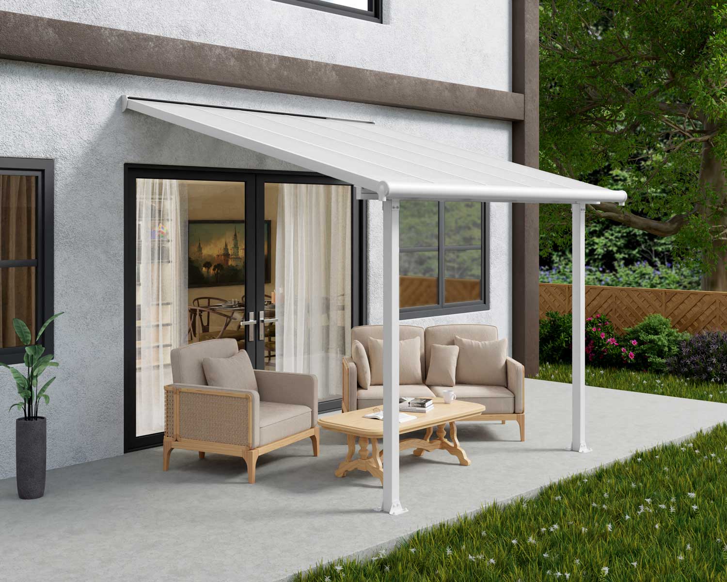 Olympia 10 ft. x 10 ft. White Aluminium Patio Cover with white twin-wall polycarbonate roof panels on grey Patio protect garden furniture