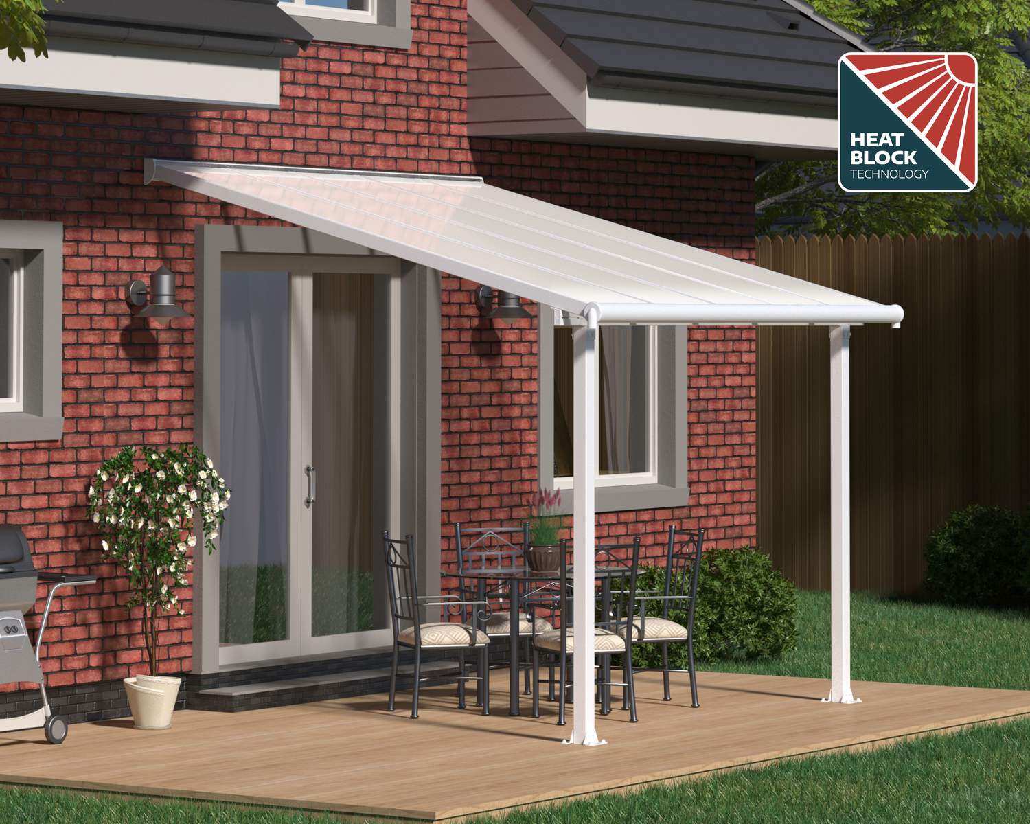 Olympia 10 ft. x 10 ft. White Aluminium Patio Cover with white twin-wall polycarbonate roof panels on grey Patio protect garden furniture