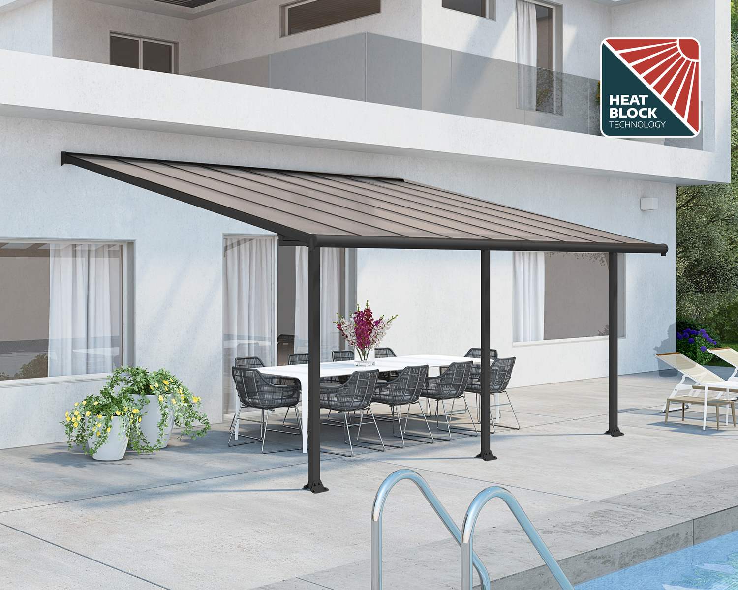 Olympia 10 ft. x 18 ft. Grey Aluminium Patio Cover With Bronze-tinted twin-wall polycarbonate roof panels on Beside Pool Patio protect garden furniture