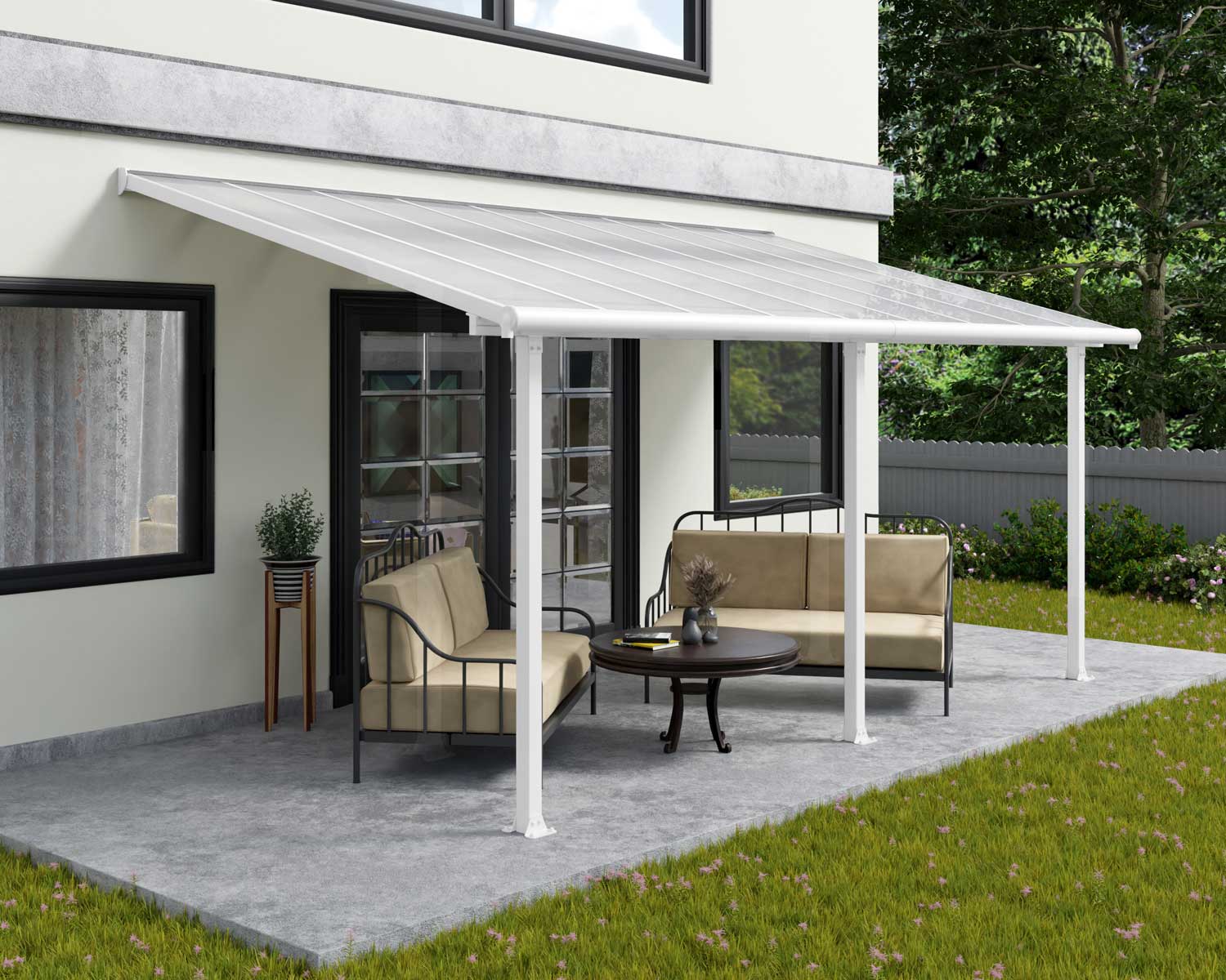 White Aluminium Patio Cover With Clear twin-wall polycarbonate roof panels on Deck Patio protect garden furniture