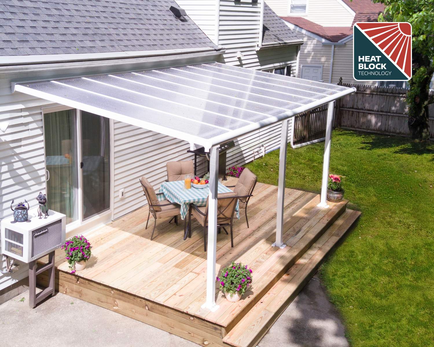 White Aluminium Patio Cover With twin-wall polycarbonate roof panels on Deck Patio protect garden furniture