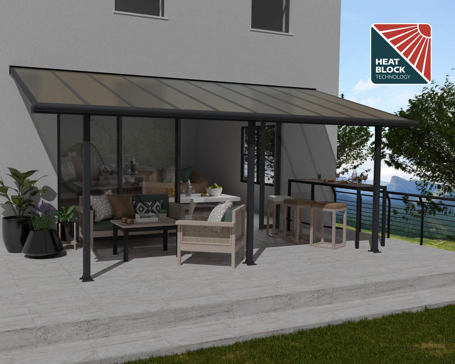 Olympia 10 ft. x 20 ft. Grey Aluminium Patio Cover with Bronze-tinted twin-wall polycarbonate roof panels protect garden furniture