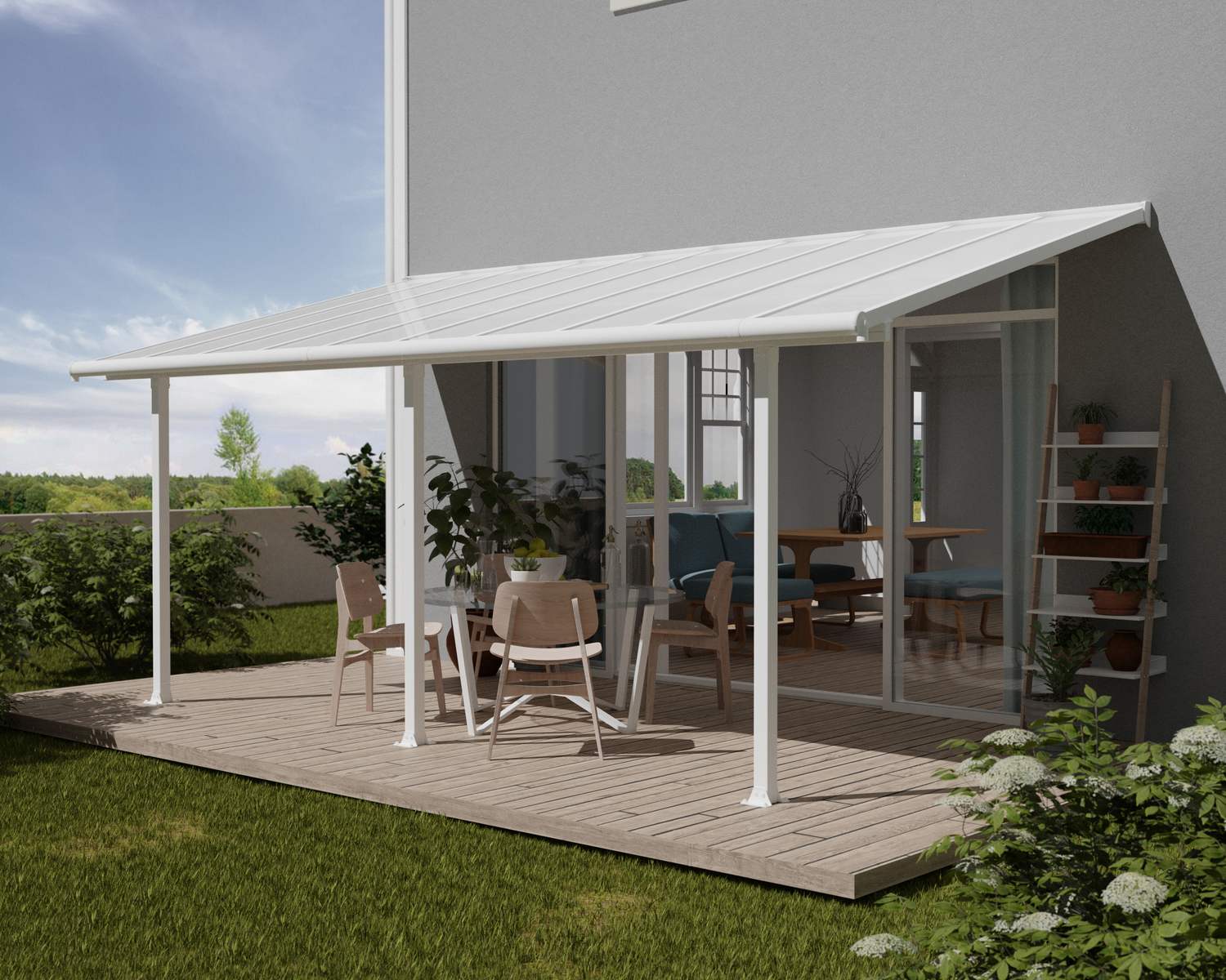 Olympia 10 ft. x 20 ft. White Aluminium Patio Cover With Clear twin-wall polycarbonate roof panels on Deck Patio protect garden furniture