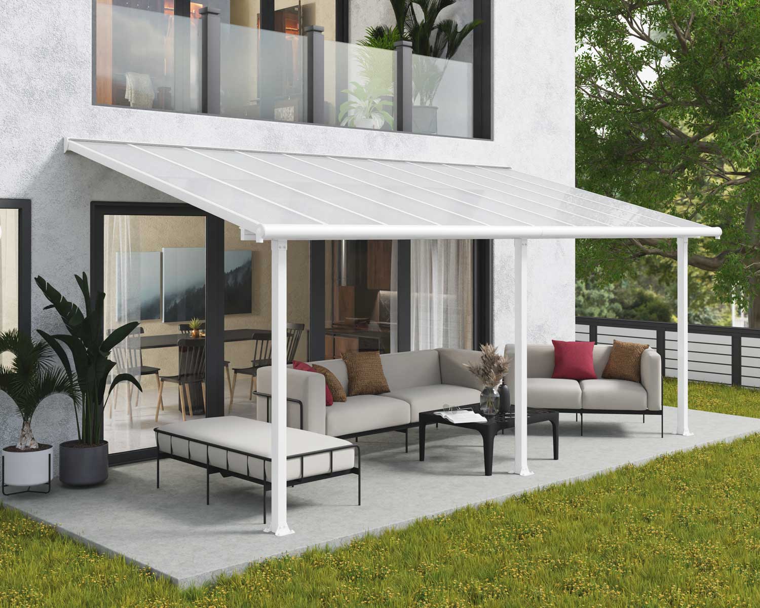 Olympia 10 ft. x 20 ft. White Aluminium Patio Cover With Clear twin-wall polycarbonate roof panels on Deck Patio protect garden furniture