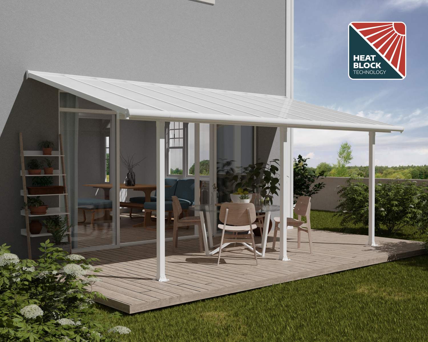 Olympia 10 ft. x 20 ft. White Aluminium Patio Cover With Clear twin-wall polycarbonate roof panels on Deck Patio protect garden furniture