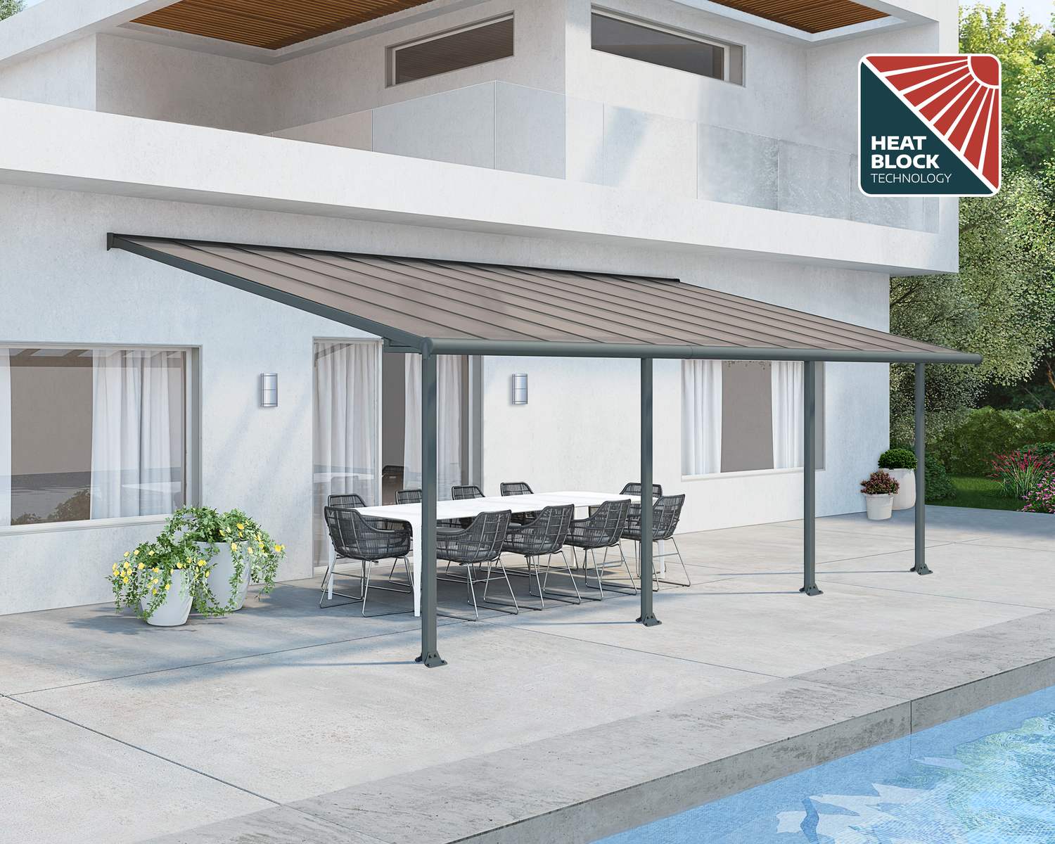 Olympia 10 ft. x 24 ft. Grey Aluminium Patio Cover With Clear twin-wall polycarbonate roof panels on Beside Pool Patio protect garden furniture