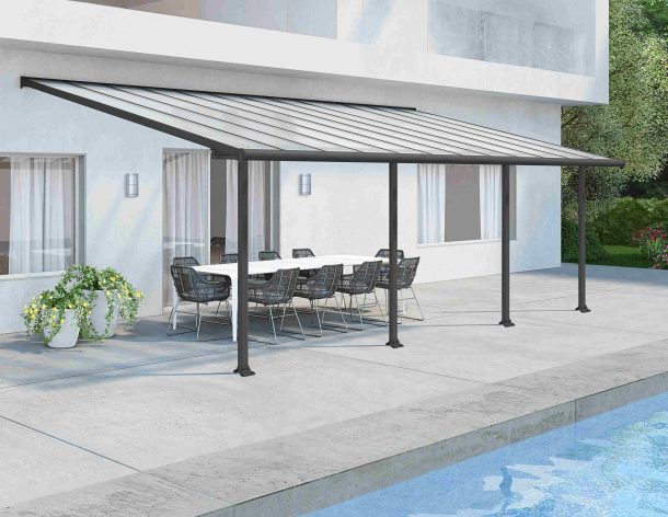 Olympia 10 ft. x 24 ft. Grey Aluminium Patio Cover With Clear twin-wall polycarbonate roof panels on Beside Pool Patio protect garden furniture