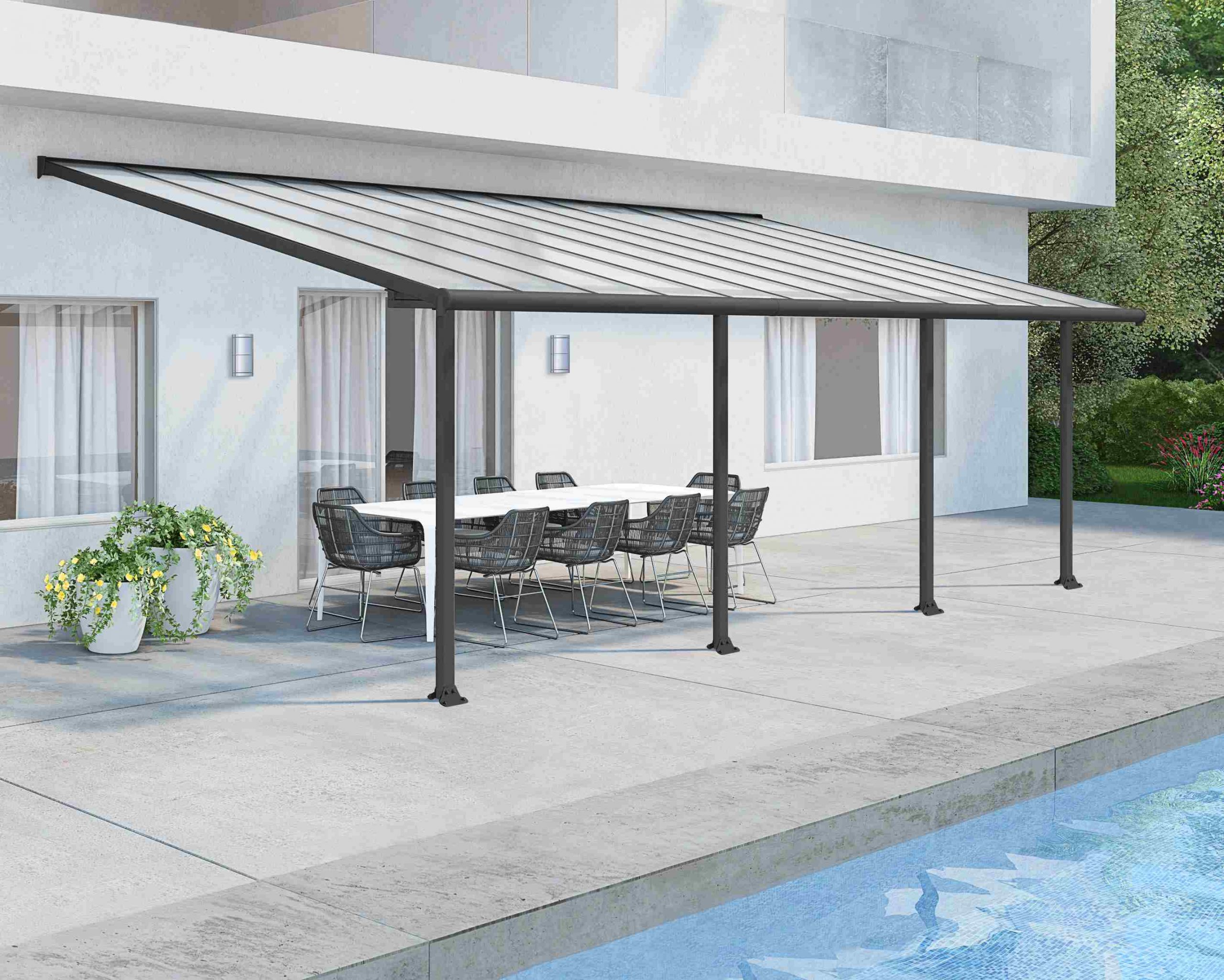 Olympia 10 ft. x 24 ft. Grey Aluminium Patio Cover With Clear twin-wall polycarbonate roof panels on Beside Pool Patio protect garden furniture