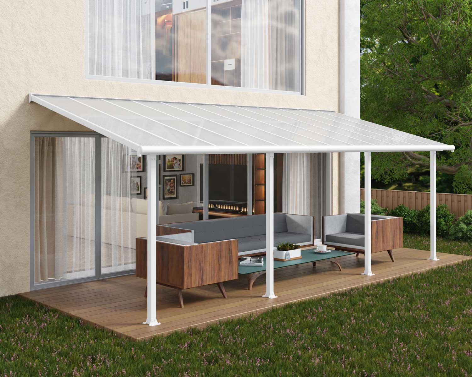 Olympia 10 ft. x 24 ft. White Aluminium Patio Cover With Clear twin-wall polycarbonate roof panels on Deck Patio protect garden furniture