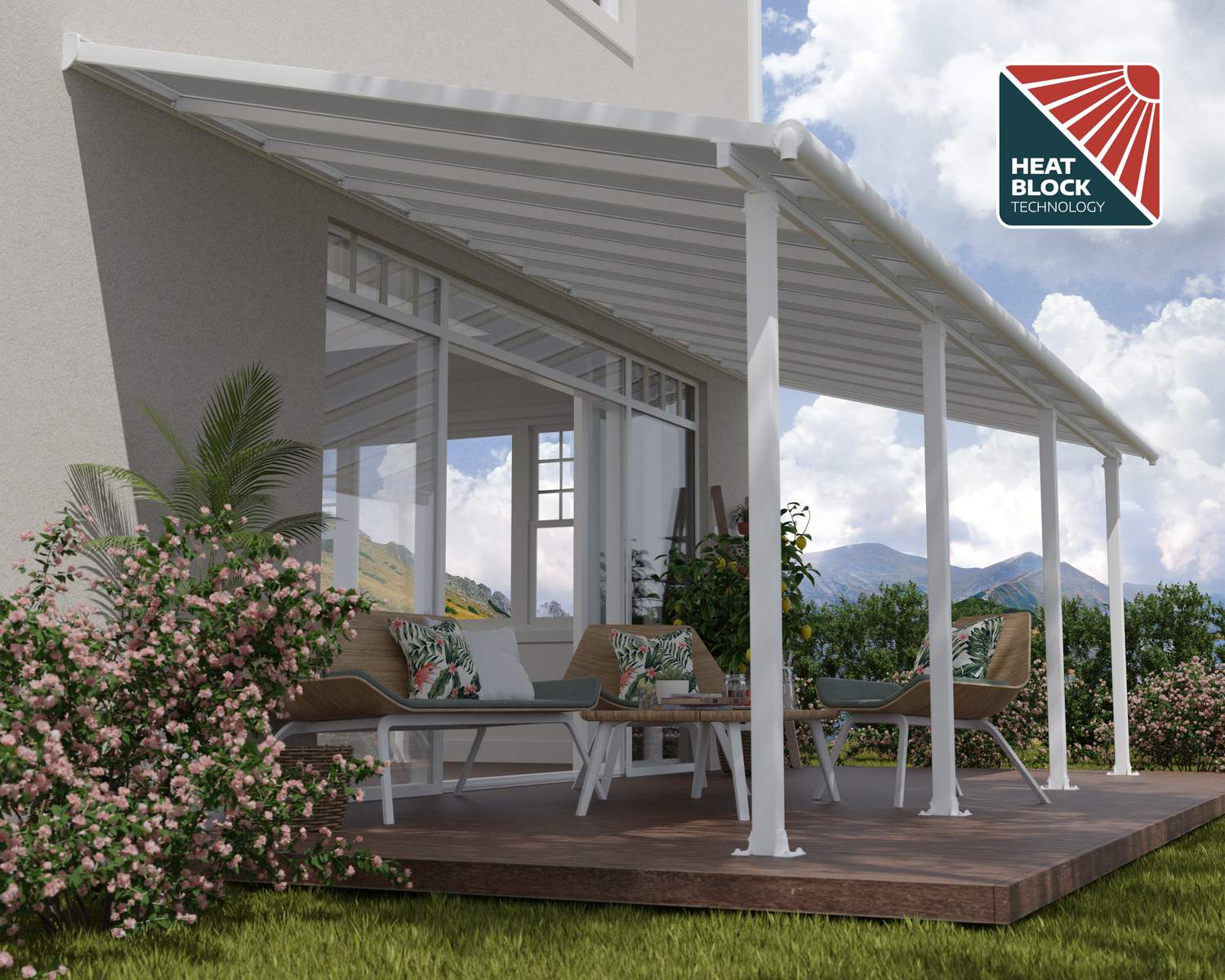 Olympia 10 ft. x 24 ft. White Aluminium Patio Cover With Clear twin-wall polycarbonate roof panels on Deck Patio protect garden furniture