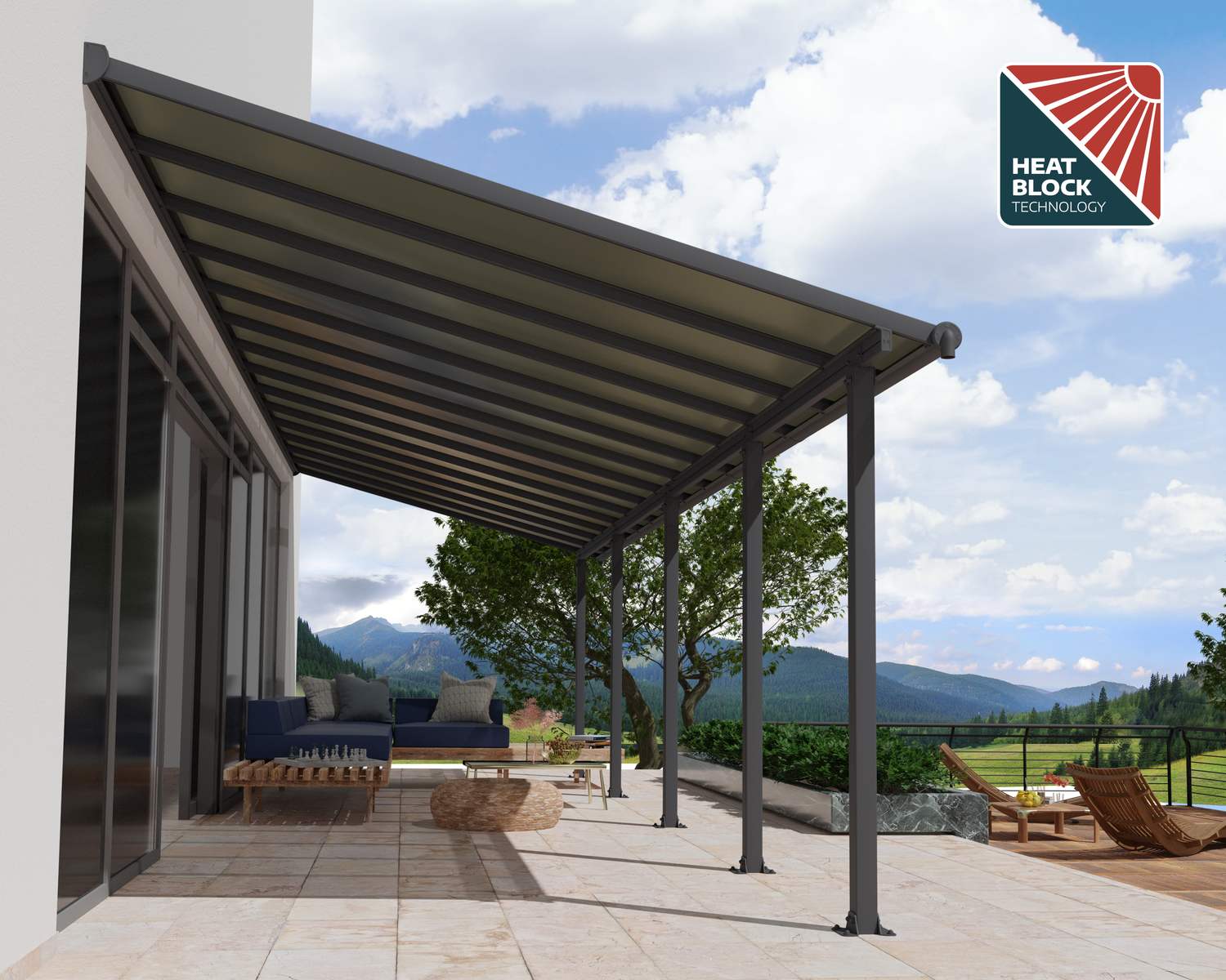 Olympia 10 ft. x 28 ft. Grey Aluminium Patio Cover with Clear twin-wall polycarbonate roof panels protect garden furniture