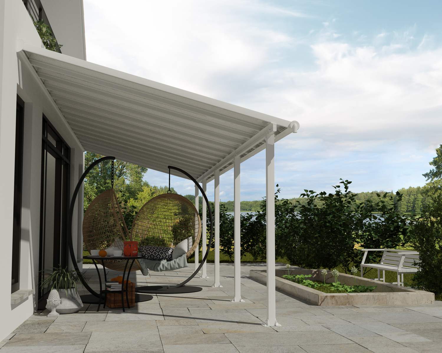 Olympia 10 ft. x 28 ft. White Aluminium Patio Cover with White twin-wall polycarbonate roof panels protect garden furniture