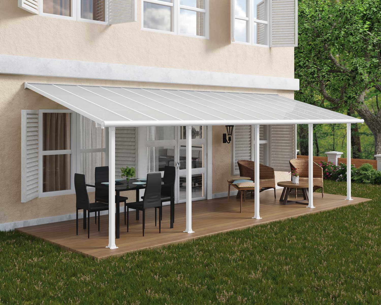 Olympia 10 ft. x 28 ft. White Aluminium Patio Cover with White twin-wall polycarbonate roof panels protect garden furniture
