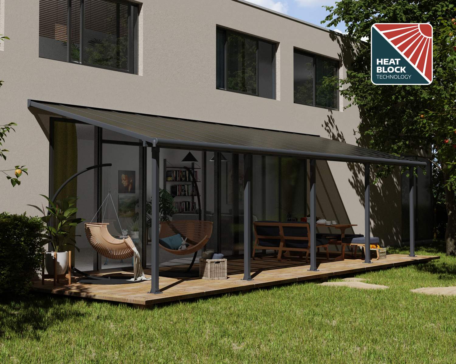 Olympia10 ft. x 30 ft. Grey Aluminium Patio Cover With Bronze-tinted twin-wall polycarbonate roof panels on Deck Patio protect garden furniture