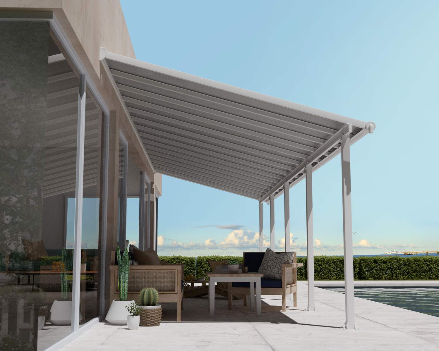 Olympia 10 ft. x 30 ft. white Aluminium Patio Cover With white twin-wall polycarbonate roof panels on Deck Patio protect garden furniture
