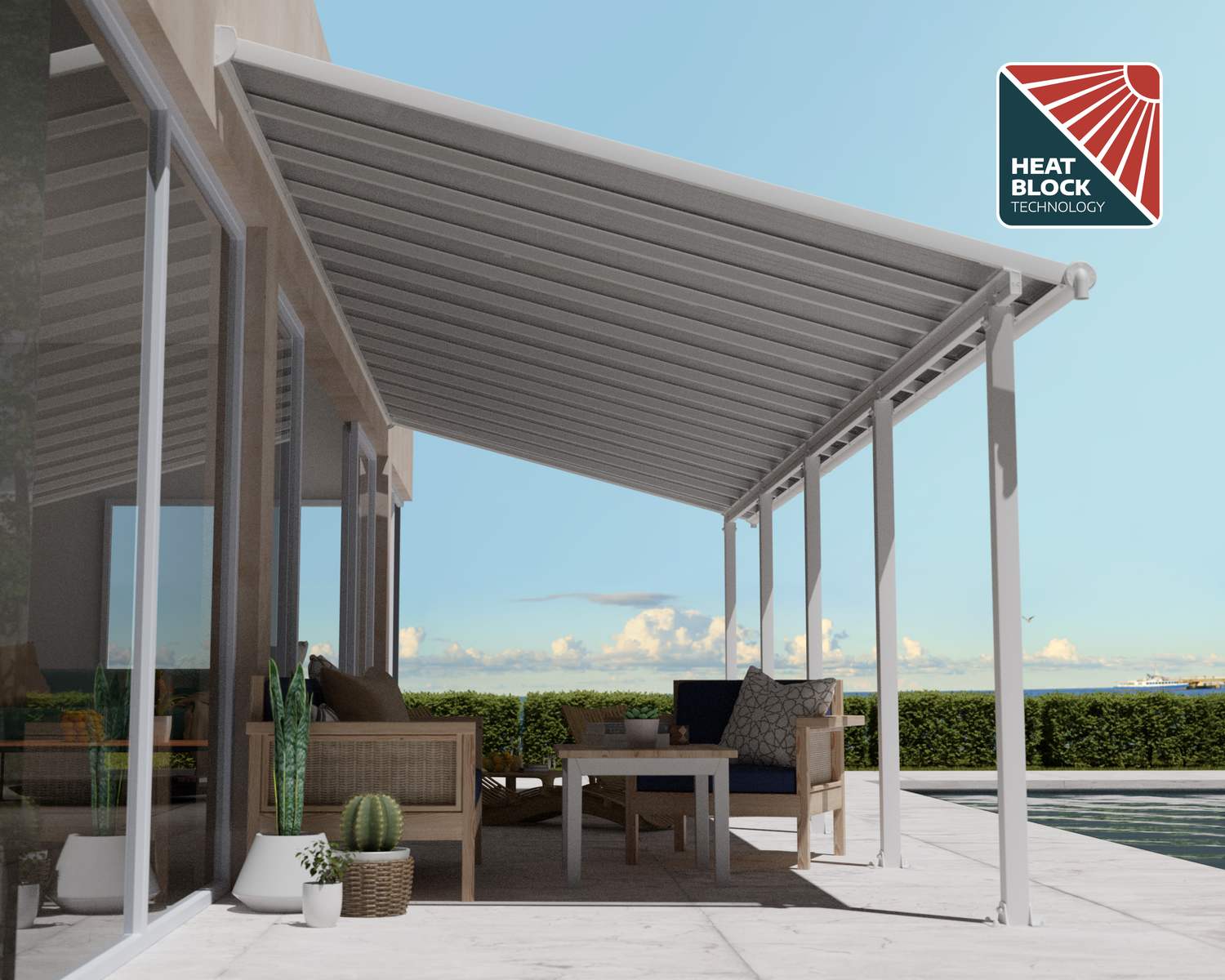 Olympia 10 ft. x 30 ft. white Aluminium Patio Cover With white twin-wall polycarbonate roof panels on Deck Patio protect garden furniture