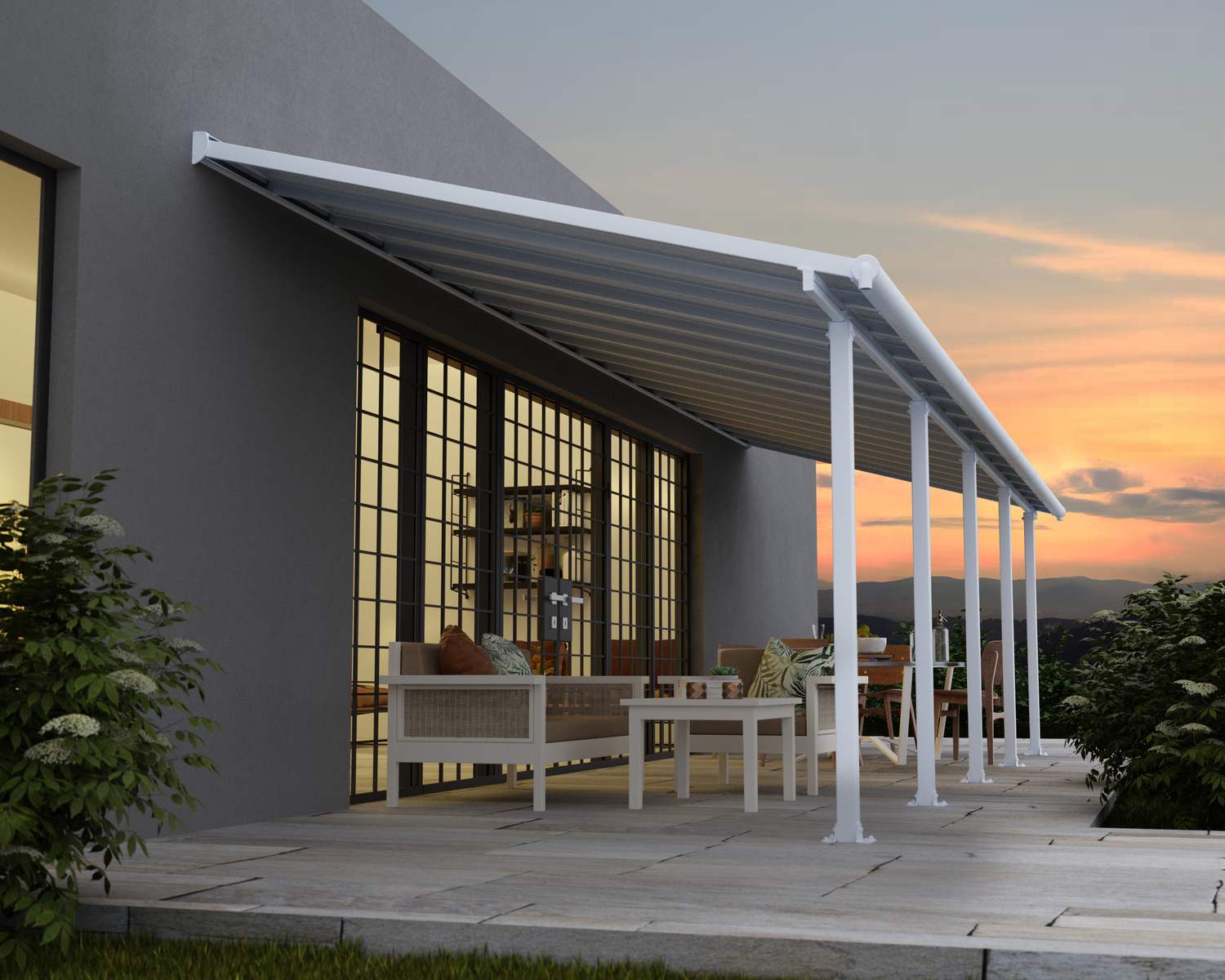 Olympia 10 ft. x 32 ft. White Aluminium Patio Cover With white twin-wall polycarbonate roof panels on Beside Pool Patio protect garden furniture