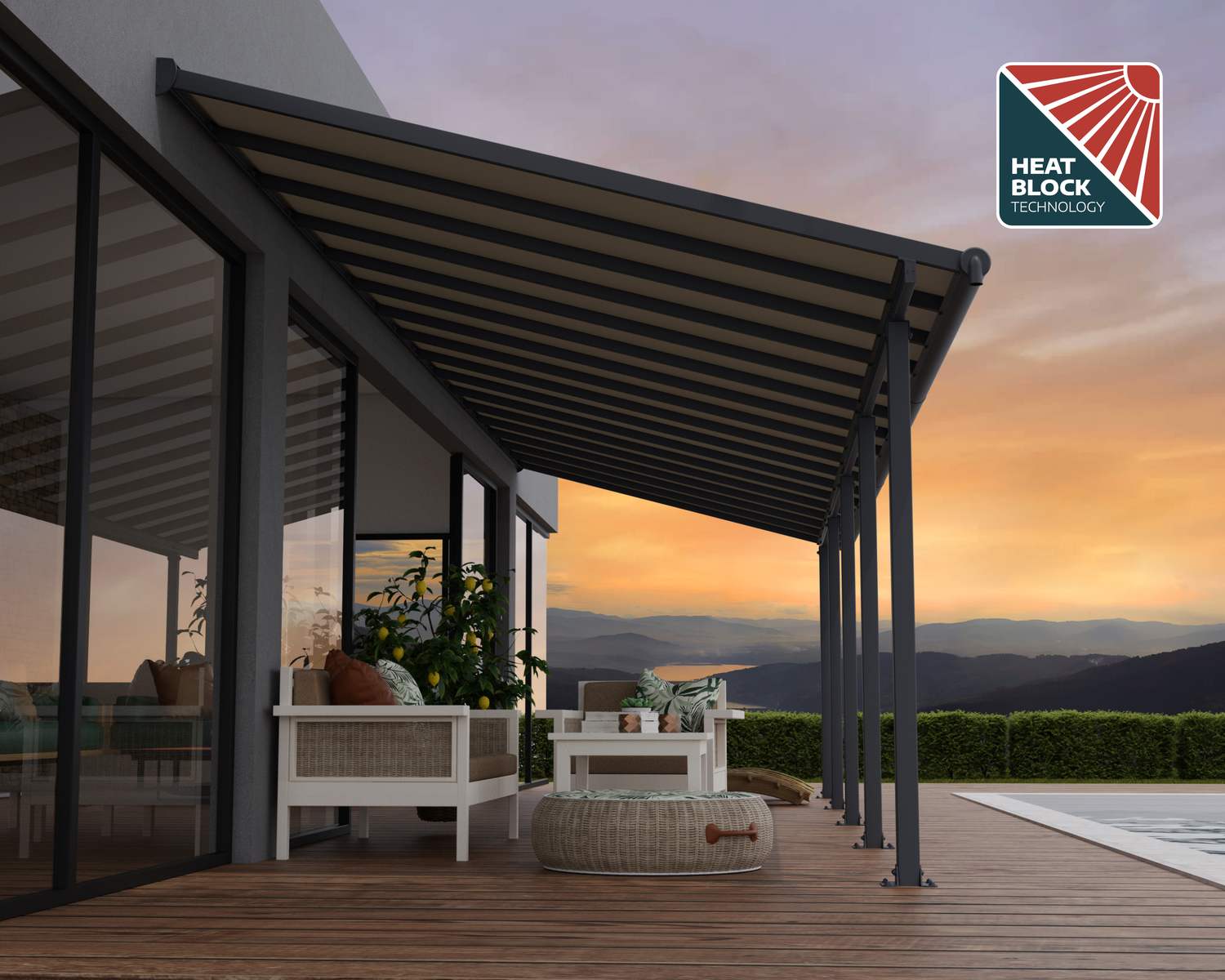 Olympia 10 ft. x 32 ft. Grey Aluminium Patio Cover With Bronze-tinted twin-wall polycarbonate roof panels on Deck Patio