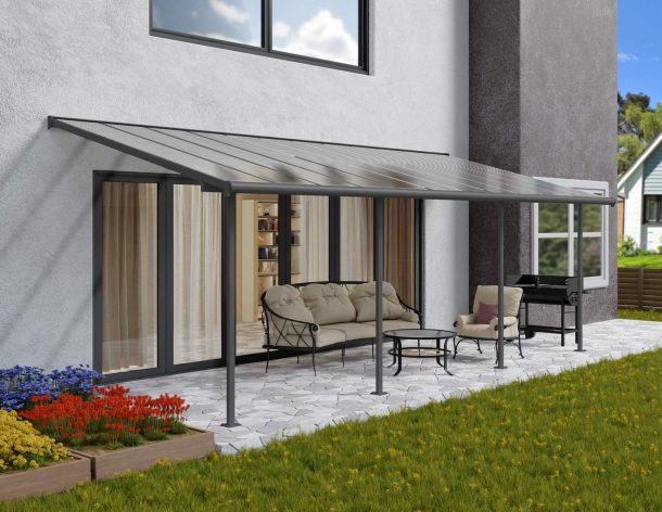 Sierra 10 ft. x 24 ft. Patio Cover grey Aluminium Patio Cover With Clear twin-wall polycarbonate roof panels in the garden