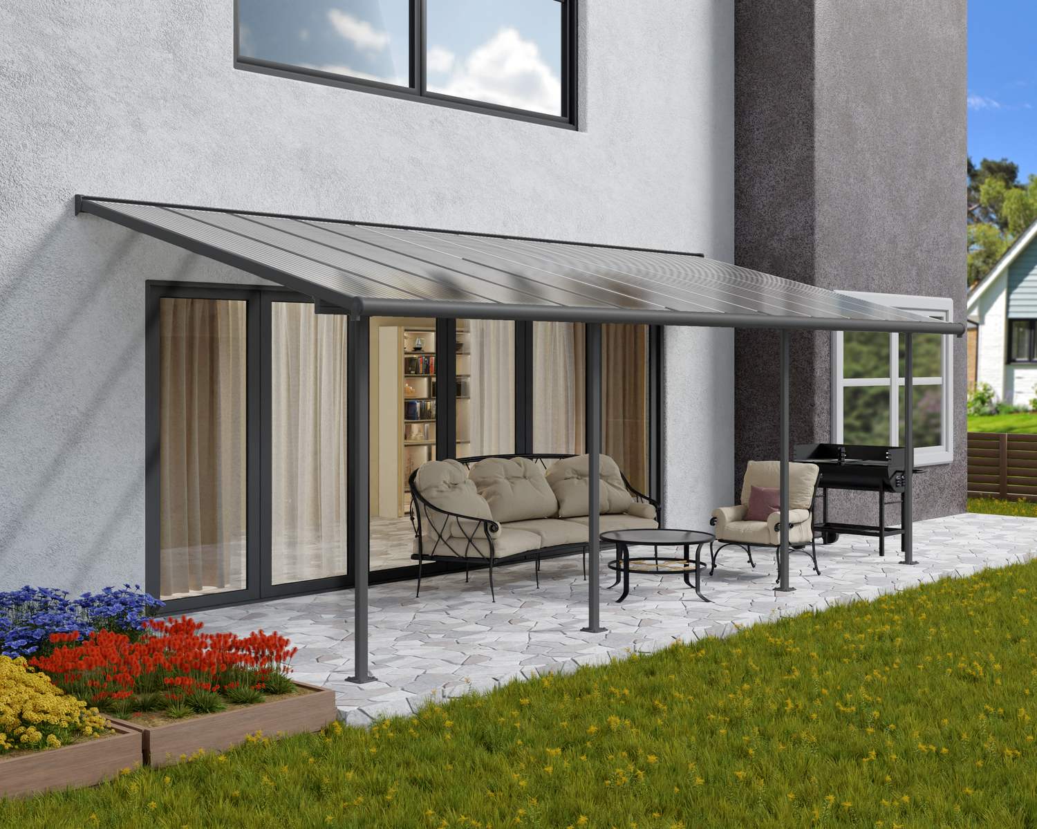 Sierra 10 ft. x 24 ft. Patio Cover grey Aluminium Patio Cover With Clear twin-wall polycarbonate roof panels in the garden