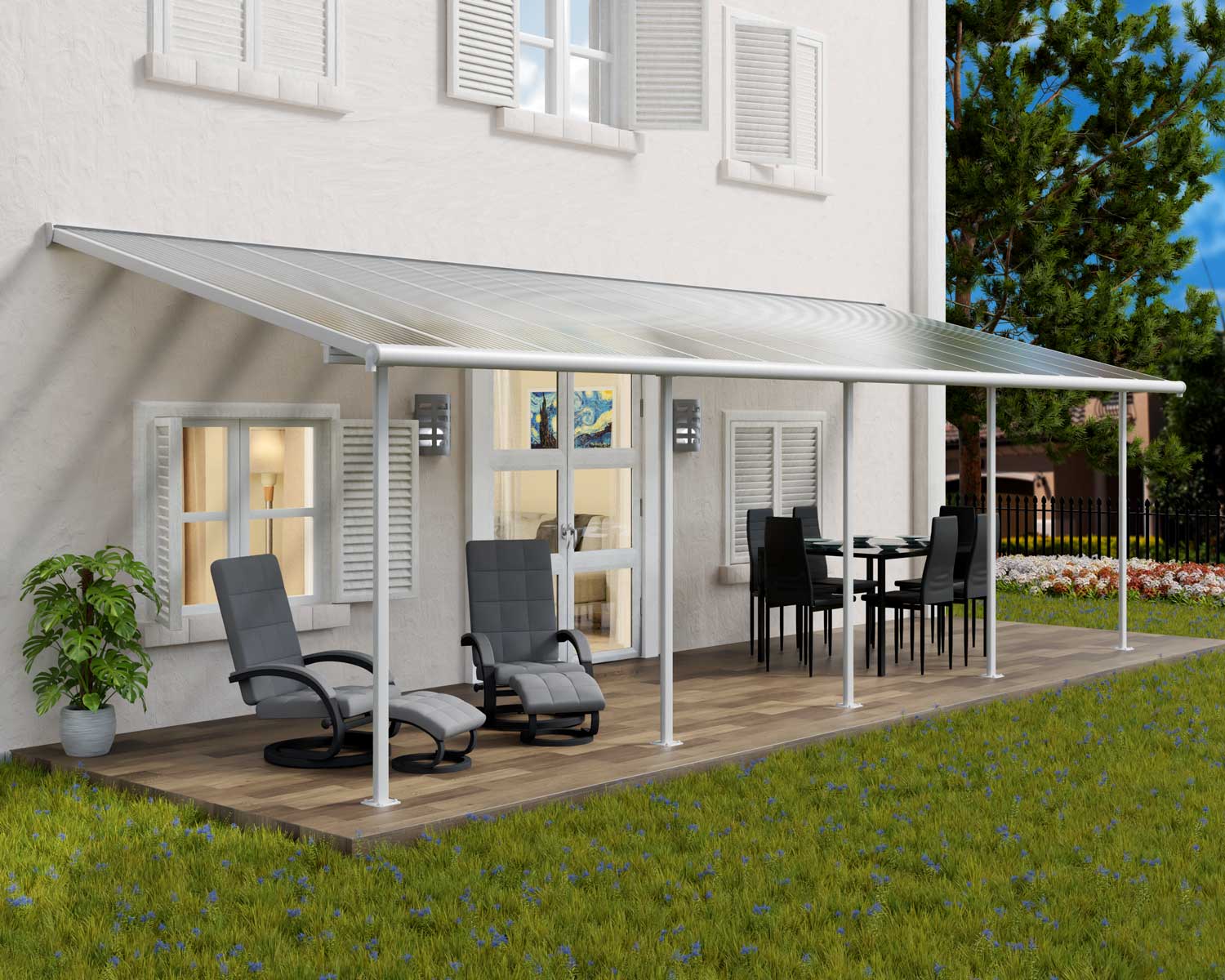 Sierra 10 ft. x 28 ft. Patio Cover white Aluminium Patio Cover With clear twin-wall polycarbonate roof panels in the garden