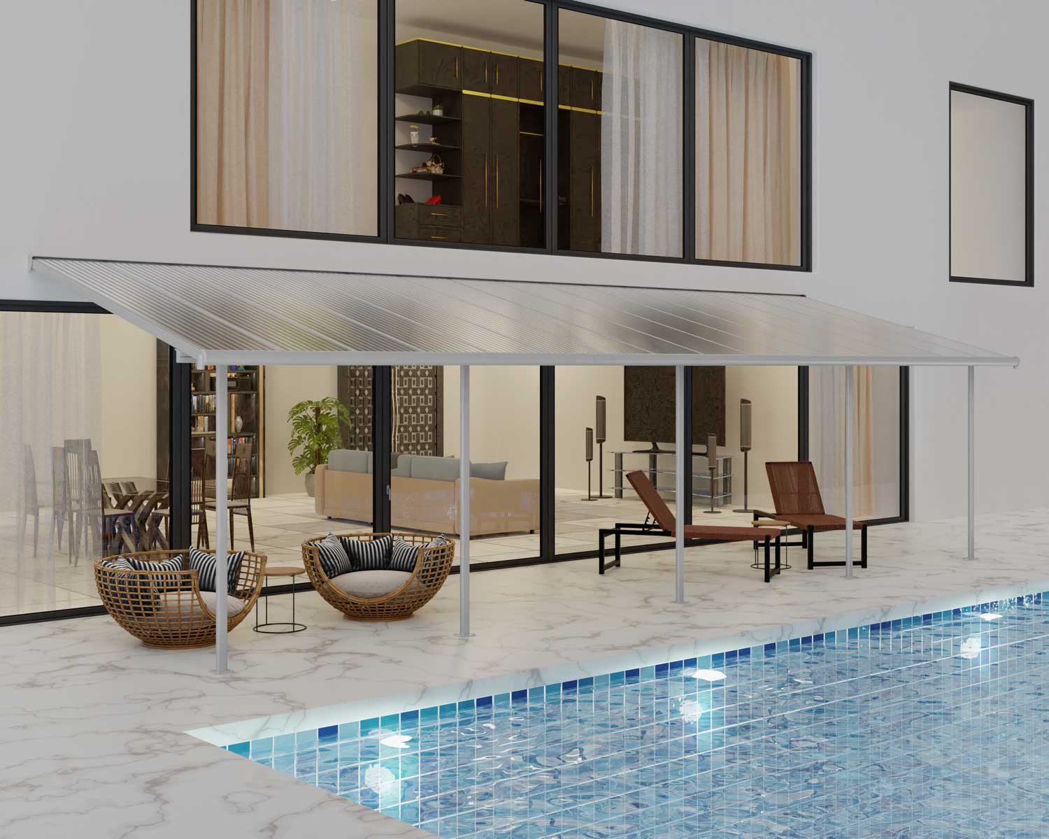 Sierra 10 ft. x 30 ft. White Aluminium Patio Cover With 5 Posts, Clear Twin-Wall Polycarbonate Roof Panels near pool