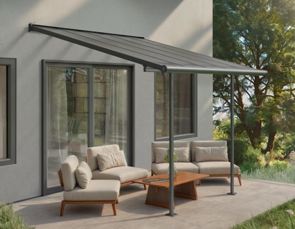 Sierra 10 ft. x 10 ft. Patio Cover grey Aluminium Patio Cover With Clear twin-wall polycarbonate roof panels on Deck