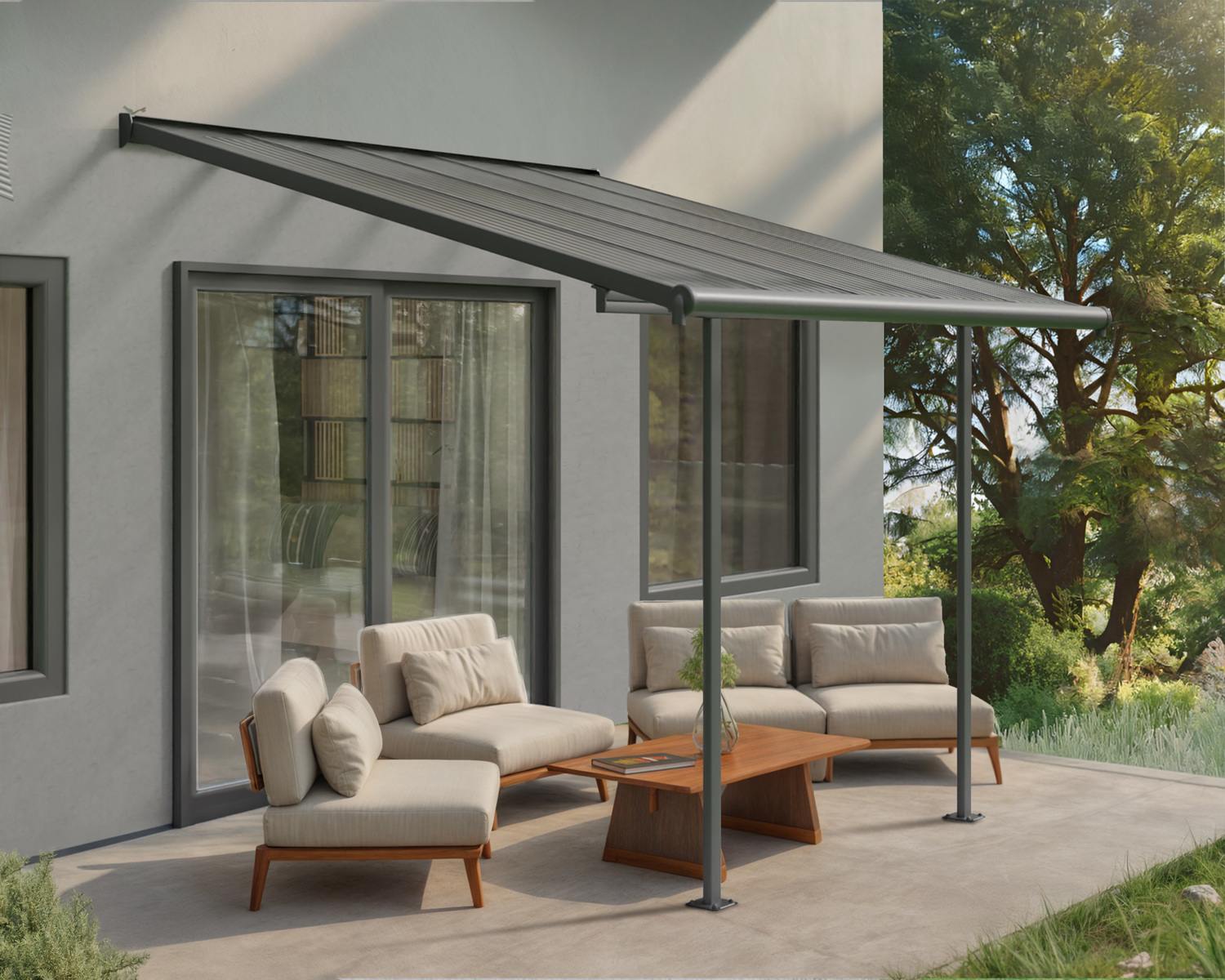 Sierra 10 ft. x 10 ft. Patio Cover grey Aluminium Patio Cover With Clear twin-wall polycarbonate roof panels on Deck