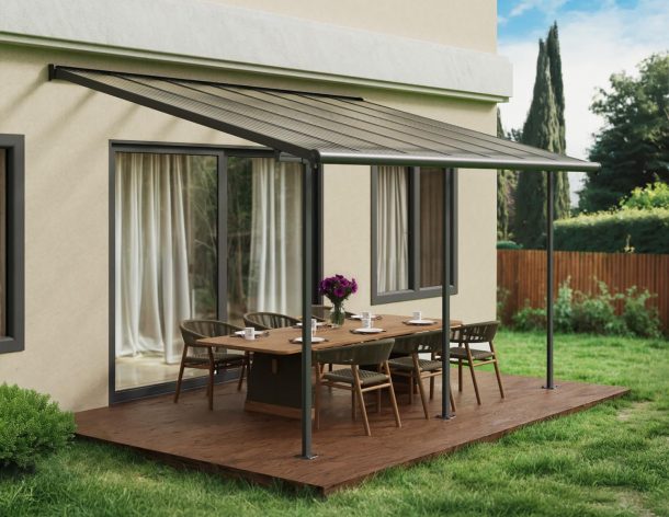 Sierra 10 ft. x 14 ft. Patio Cover grey Aluminium Patio Cover With Clear twin-wall polycarbonate roof panels on Deck