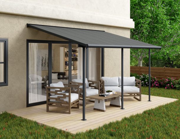 Sierra 10 ft. x 14 ft. Patio Cover With 3 Posts grey Aluminium Patio Cover With grey twin-wall polycarbonate roof panels on Deck